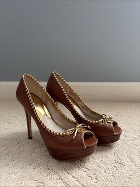 Michael Kors Brown Leather Peep-Toe Platform Heels with Gold Trim